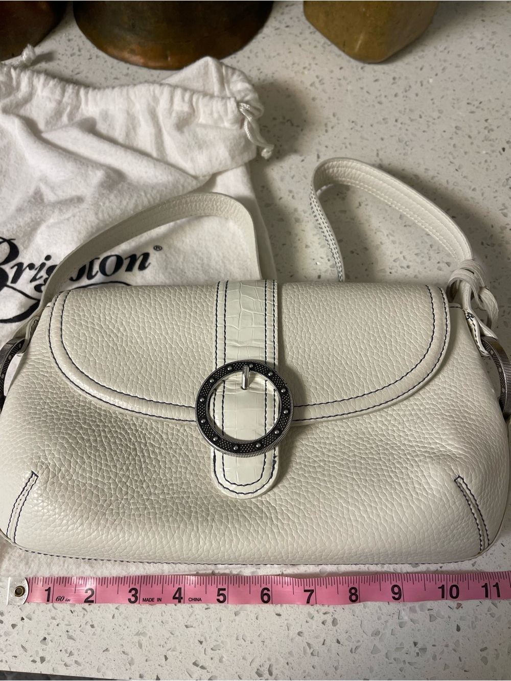 Brighton Ivory Pebble Leather Crossbody with Buckle Accent